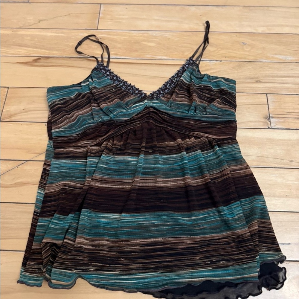 Y2K Sheer Stripe Camisole Top Brown & Teal
